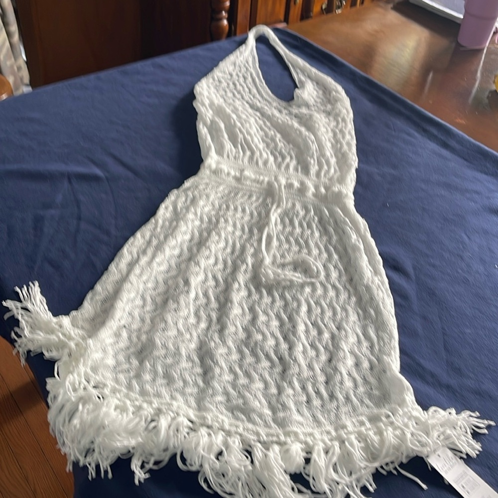 White knitted halter cover-up, with waist tie & fringe bottom